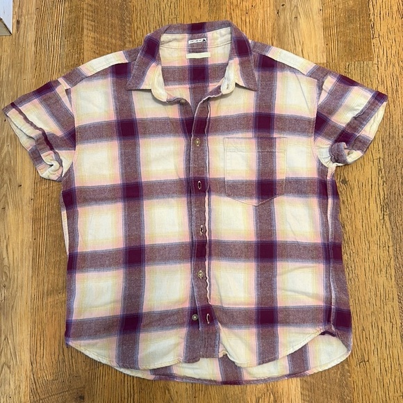 MOTHER Purple Plaid Button Up Short Sleeve Top D6 - Picture 1 of 4